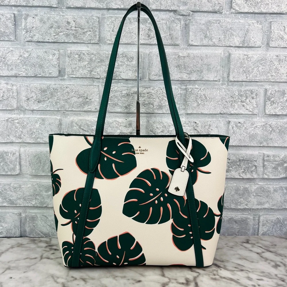 Kate Spade Large Cara Tote Shoulder Bag Monstera Leaves - Picture 2 of 9